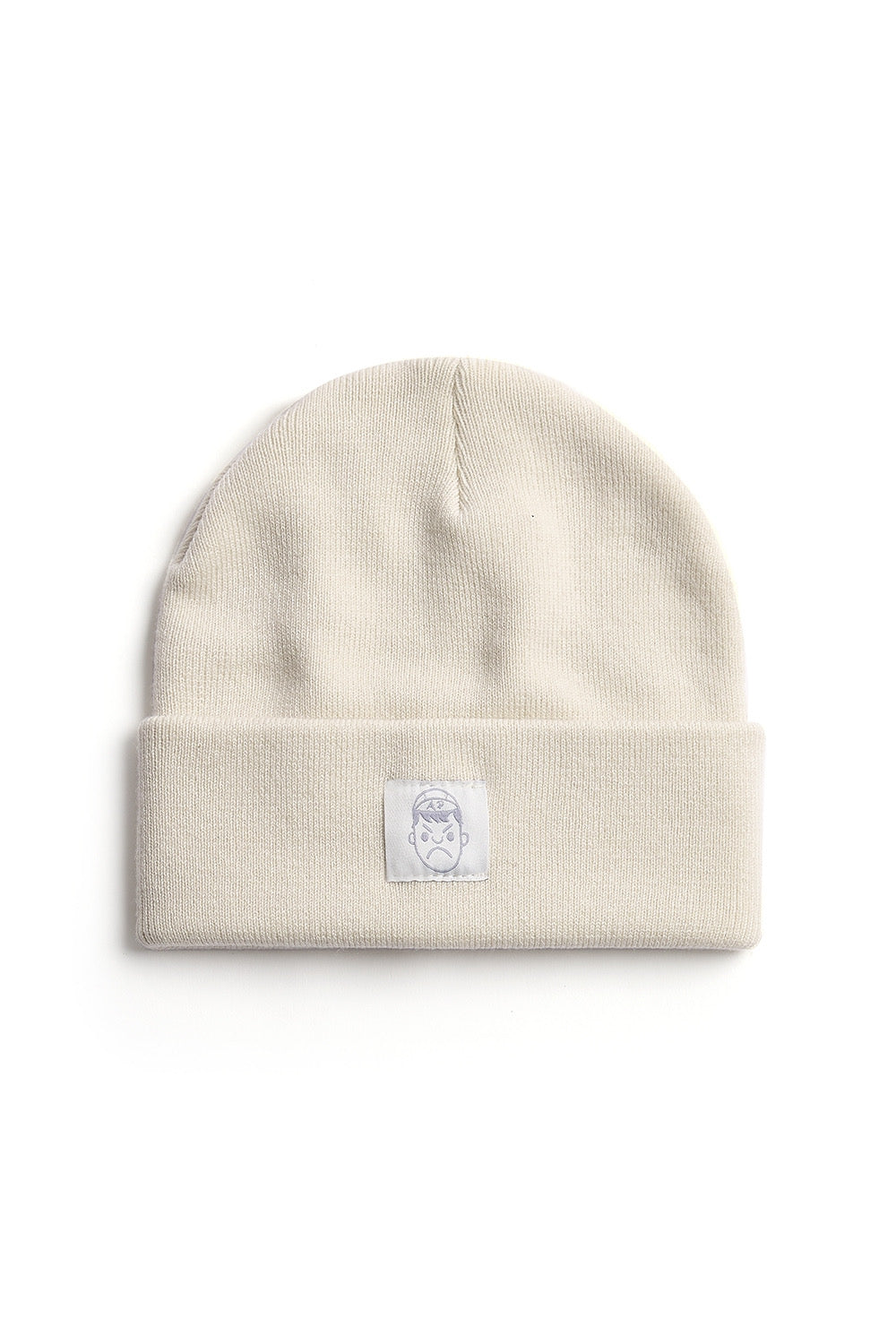 An off-white coloured beanie with patch branding.