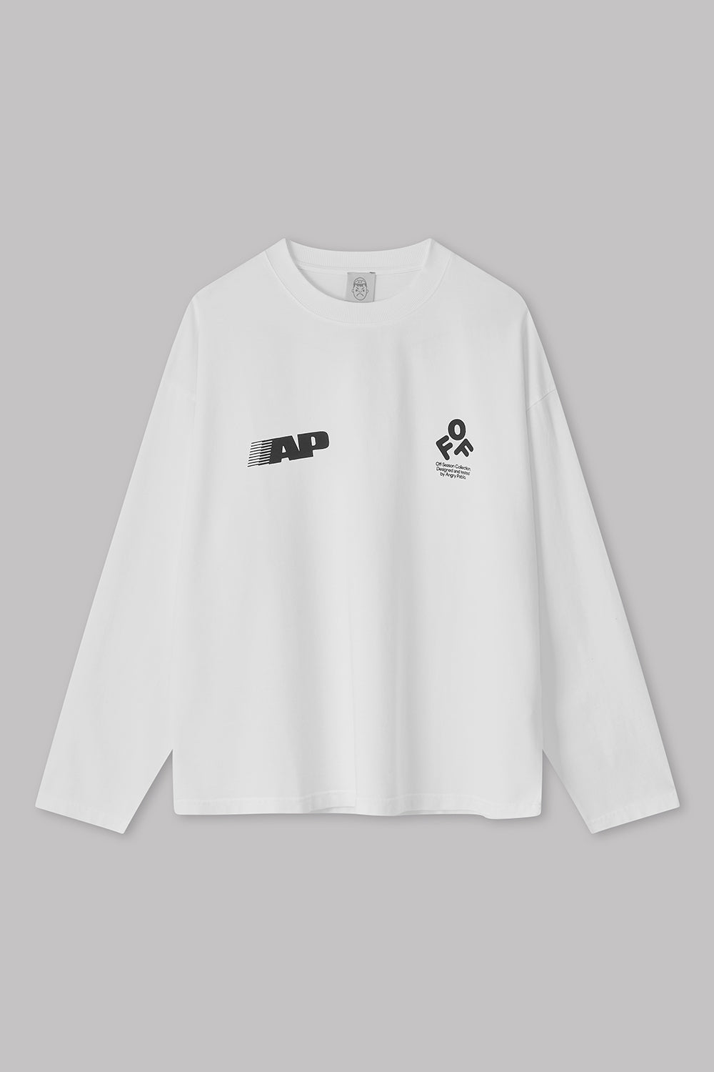 White long-sleeve shirt with logos on a gray background